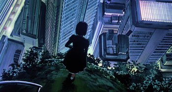 Movie still from “Ghost in the Shell” (1995), directed by Mamoru Oshii – A woman standing on a lush green hillside; Wide shot, Low angle