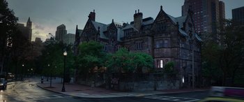 Movie still from “Ghostbusters” (2016), directed by Paul Feig – A very large building with a lot of windows; Extreme Wide shot, Low angle