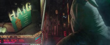 Movie still from “Ghostbusters” (2016), directed by Paul Feig – An aerial view of a street with many cars on it; Extreme Wide shot, Low angle