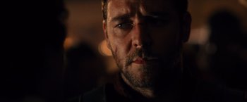 Movie still from “Gladiator” (2000), directed by Ridley Scott – A person with a beard; Close Up shot, Over the shoulder angle