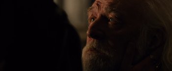 Movie still from “Gladiator” (2000), directed by Ridley Scott – An old man with a long beard looking up at the sky; Close Up shot, Over the shoulder angle