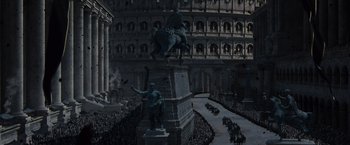 Movie still from “Gladiator” (2000), directed by Ridley Scott – A statue of a man on top of a statue of a man on top of a building; Extreme Wide shot, High angle