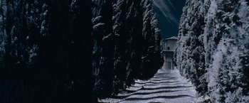 Movie still from “Gladiator” (2000), directed by Ridley Scott – A very dark picture of some trees and a building; Extreme Wide shot, Low angle