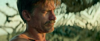 Movie still from “God Is a Bullet” (2023), directed by Nick Cassavetes – A person with a mustache; Close Up shot, Low angle