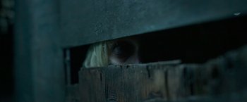 Movie still from “God Is a Bullet” (2023), directed by Nick Cassavetes – A woman peeking through a wooden fence at night; Extreme Close Up shot, Low angle