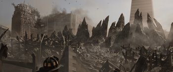 Movie still from “Godzilla” (2014), directed by Gareth Edwards – An image of a city that has been destroyed; Extreme Wide shot, High angle