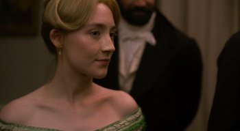 Movie still from “Ammonite” (2020), directed by Francis Lee – A person wearing a dress; Close Up shot, Over the shoulder angle