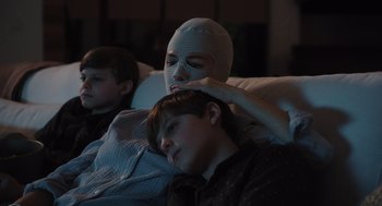 Movie still from “Goodnight Mommy” (2022), directed by Matt Sobel – Two young boys with bandages on their heads; Close Up shot, Over the shoulder angle