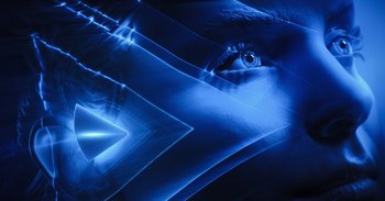 Movie still from “Gran Turismo” (2023), directed by Neill Blomkamp – A woman's eye is shown in a blue light; Extreme Close Up shot, Overhead angle