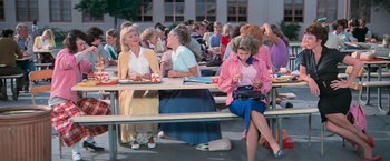 Movie still from “Grease” (1978), directed by Randal Kleiser – A group of people sitting at a picnic table; Wide shot, High angle