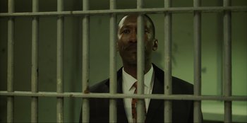Movie still from “Green Book” (2018), directed by Peter Farrelly – A man wearing a suit and tie behind bars; Medium shot, Low angle