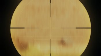 Movie still from “Green Lantern: Beware My Power” (2022), directed by Jeff Wamester – A rifle scope with a blurry background; Extreme Close Up shot, Overhead angle
