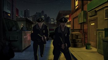 Movie still from “Green Lantern: Beware My Power” (2022), directed by Jeff Wamester – A couple of men are walking down a street; Wide shot, High angle