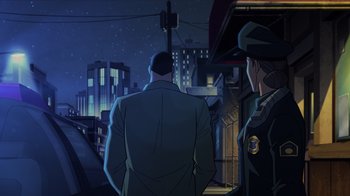 Movie still from “Green Lantern: Beware My Power” (2022), directed by Jeff Wamester – A man and a woman standing in front of a building; Extreme Wide shot, Low angle