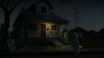 Movie still from “Green Lantern: Beware My Power” (2022), directed by Jeff Wamester – A man walking down the street in front of a house at night; Extreme Wide shot, Low angle