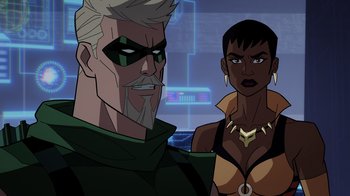 Movie still from “Green Lantern: Beware My Power” (2022), directed by Jeff Wamester – A man and a woman standing next to each other; Close Up shot, Over the shoulder angle