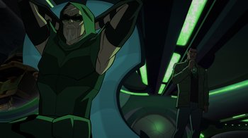 Movie still from “Green Lantern: Beware My Power” (2022), directed by Jeff Wamester – A man in a green outfit standing next to another man in a green outfit; Medium shot, Over the shoulder angle