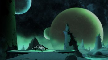 Movie still from “Green Lantern: Beware My Power” (2022), directed by Jeff Wamester – An image of an alien landscape with a bird on the ground; Extreme Wide shot, High angle