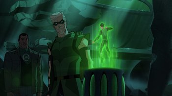 Movie still from “Green Lantern: Beware My Power” (2022), directed by Jeff Wamester – A man in a green costume standing next to a man in a green costume; Wide shot, Over the shoulder angle