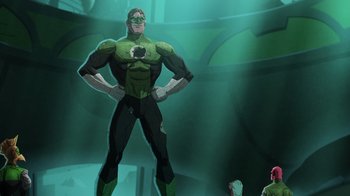 Movie still from “Green Lantern: Beware My Power” (2022), directed by Jeff Wamester – A green lantern standing next to a man in a green suit; Wide shot, Low angle