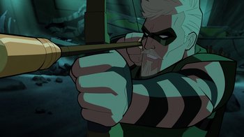 Movie still from “Green Lantern: Beware My Power” (2022), directed by Jeff Wamester – An animated man is holding a bow and arrow; Close Up shot, Over the shoulder angle