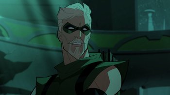 Movie still from “Green Lantern: Beware My Power” (2022), directed by Jeff Wamester – A person with a mask on; Close Up shot, Over the shoulder angle