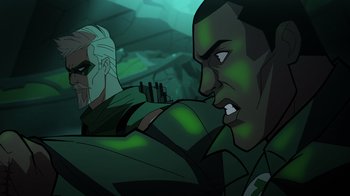 Movie still from “Green Lantern: Beware My Power” (2022), directed by Jeff Wamester – A cartoon of a man with a gun pointed at another man; Close Up shot, Over the shoulder angle