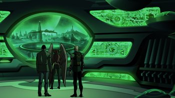 Movie still from “Green Lantern: Beware My Power” (2022), directed by Jeff Wamester – A group of people standing in front of a building; Wide shot, High angle