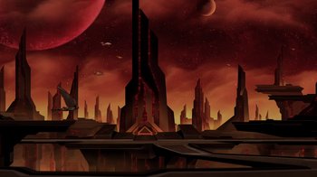 Movie still from “Green Lantern: Beware My Power” (2022), directed by Jeff Wamester – An illustration of an alien city in the middle of the night; Extreme Wide shot, High angle