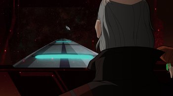 Movie still from “Green Lantern: Beware My Power” (2022), directed by Jeff Wamester – An image of a man looking at a spaceship in the sky; Wide shot, Low angle