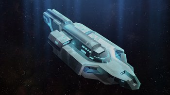 Movie still from “Green Lantern: Beware My Power” (2022), directed by Jeff Wamester – An image of a spaceship floating in the ocean; Extreme Wide shot, High angle