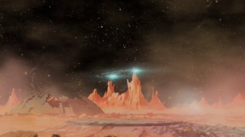 Movie still from “Green Lantern: Beware My Power” (2022), directed by Jeff Wamester – An illustration of an alien planet with a light shining in the sky; Extreme Wide shot, Low angle