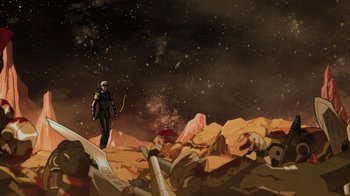 Movie still from “Green Lantern: Beware My Power” (2022), directed by Jeff Wamester – An image of a man standing in the desert; Extreme Wide shot, Low angle