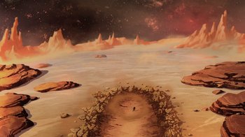 Movie still from “Green Lantern: Beware My Power” (2022), directed by Jeff Wamester – An illustration of a desert with a person walking on it; Extreme Wide shot, High angle