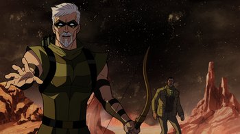 Movie still from “Green Lantern: Beware My Power” (2022), directed by Jeff Wamester – A man holding a bow and arrow next to another man holding a bow and arrow; Medium shot, Over the shoulder angle