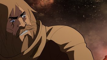 Movie still from “Green Lantern: Beware My Power” (2022), directed by Jeff Wamester – An animated picture of a man with a long beard; Close Up shot, Low angle