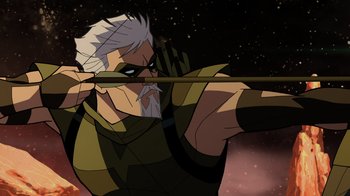 Movie still from “Green Lantern: Beware My Power” (2022), directed by Jeff Wamester – An older man is holding a bow and arrow; Close Up shot, Over the shoulder angle