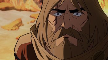 Movie still from “Green Lantern: Beware My Power” (2022), directed by Jeff Wamester – An animated picture of a man with long hair and a beard; Close Up shot, Over the shoulder angle