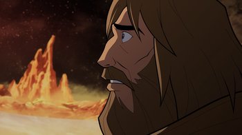 Movie still from “Green Lantern: Beware My Power” (2022), directed by Jeff Wamester – An animated man with long hair and a long beard; Close Up shot, Over the shoulder angle