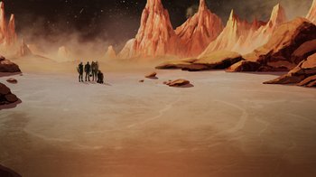 Movie still from “Green Lantern: Beware My Power” (2022), directed by Jeff Wamester – A group of people standing on top of a sandy beach; Extreme Wide shot, High angle