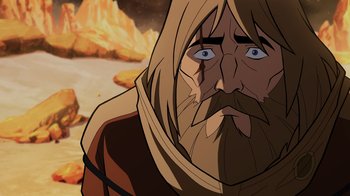 Movie still from “Green Lantern: Beware My Power” (2022), directed by Jeff Wamester – An animated man with long hair and a long beard; Close Up shot, Over the shoulder angle