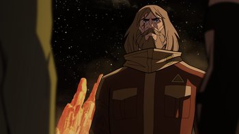 Movie still from “Green Lantern: Beware My Power” (2022), directed by Jeff Wamester – An animated man with long hair and a long beard; Medium shot, Low angle