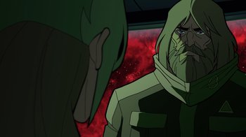 Movie still from “Green Lantern: Beware My Power” (2022), directed by Jeff Wamester – A man in a green hooded jacket looking at another man in a green hooded jacket looking at another man; Close Up shot, Over the shoulder angle