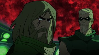 Movie still from “Green Lantern: Beware My Power” (2022), directed by Jeff Wamester – An image of a man with long hair and a beard; Close Up shot, Low angle