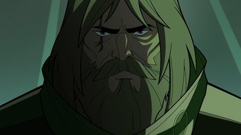 Movie still from “Green Lantern: Beware My Power” (2022), directed by Jeff Wamester – An illustration of a man with long hair and a beard; Close Up shot, Low angle