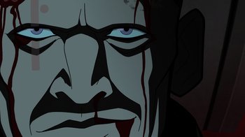 Movie still from “Green Lantern: Beware My Power” (2022), directed by Jeff Wamester – An illustration of a man's face with blood on his face; Extreme Close Up shot, Overhead angle