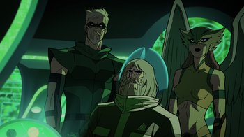 Movie still from “Green Lantern: Beware My Power” (2022), directed by Jeff Wamester – A group of men standing next to each other in a room; Medium shot, Low angle