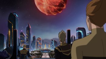 Movie still from “Green Lantern: Beware My Power” (2022), directed by Jeff Wamester – A red moon rising over a city skyline; Extreme Wide shot, High angle