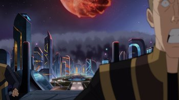 Movie still from “Green Lantern: Beware My Power” (2022), directed by Jeff Wamester – An illustration of a city with a red moon in the background; Extreme Wide shot, High angle