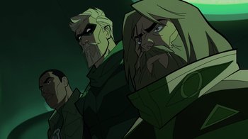 Movie still from “Green Lantern: Beware My Power” (2022), directed by Jeff Wamester – A group of men standing next to each other in the dark; Close Up shot, Low angle